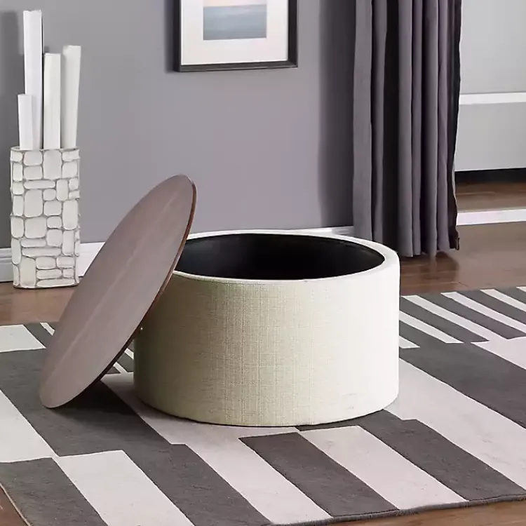 Benches & Ottomans-Kirklands Home Cream Woven Wood Top Storage Ottoman Ivory