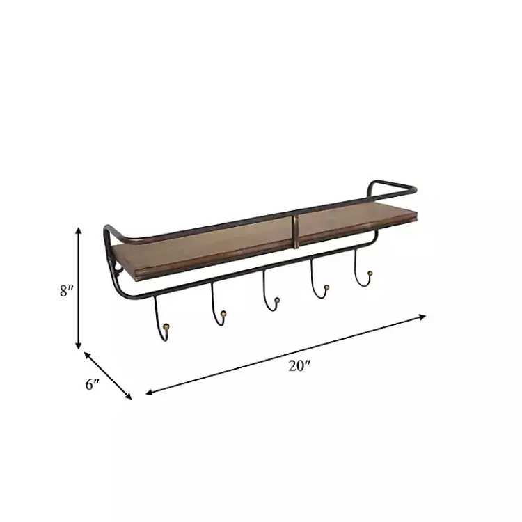 Hooks-Kirklands Home Brown Metal Frame Wood Wall Shelf with Hooks