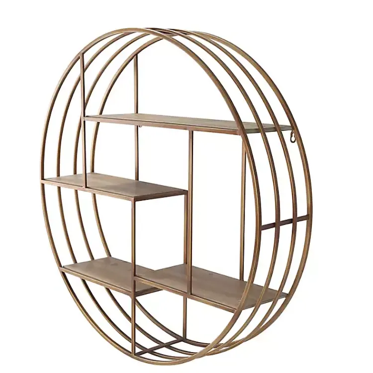 Shelves-Kirklands Home Round Bronze Metal and Tiered Wood Wall Shelf