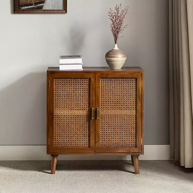 Cabinets & Sideboards-Kirklands Home Cherry Wood Frame Rattan Front Cabinet Brown
