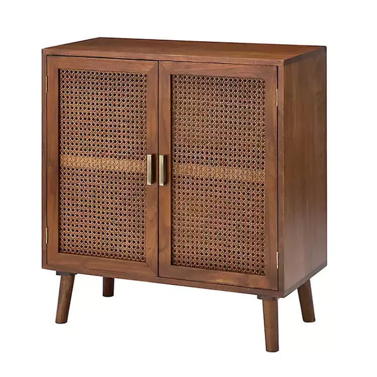 Cabinets & Sideboards-Kirklands Home Cherry Wood Frame Rattan Front Cabinet Brown