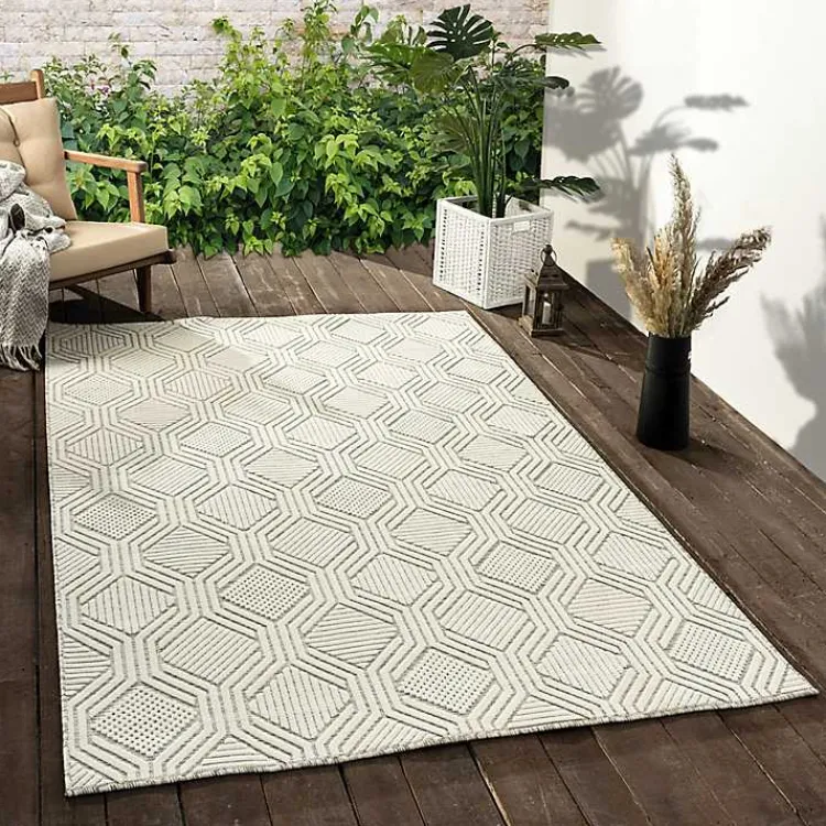 Outdoor Rugs-Kirklands Home Cream and Blue Geo Indoor/Outdoor Area Rug, 7x9