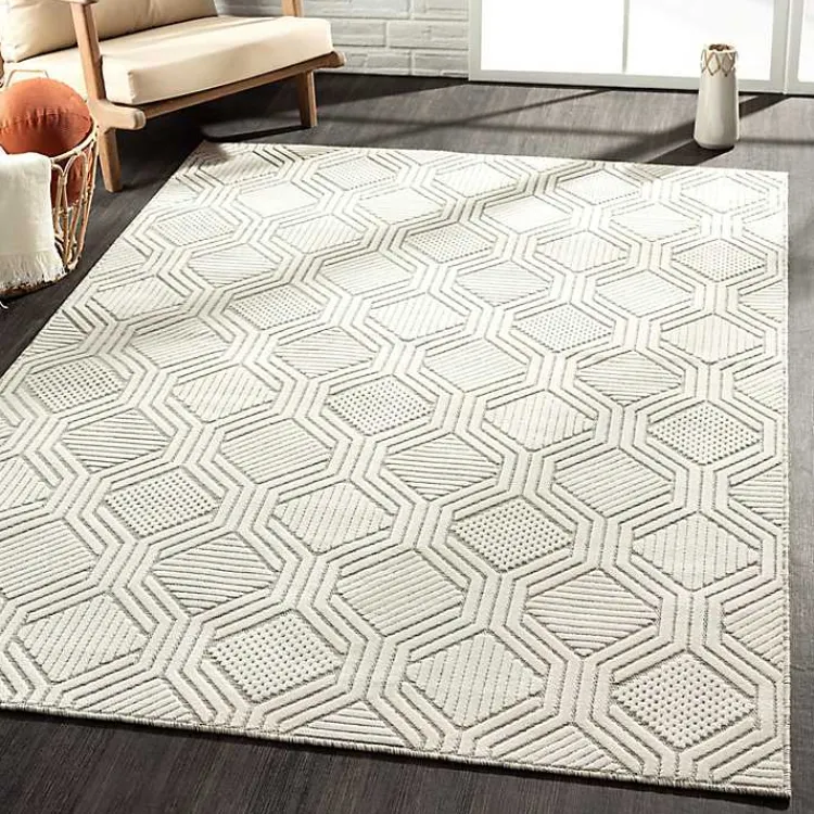 Outdoor Rugs-Kirklands Home Cream and Blue Geo Indoor/Outdoor Area Rug, 7x9