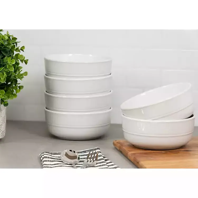 Dinnerware-Kirklands Home Linear Cereal Bowls, Set of 6 White