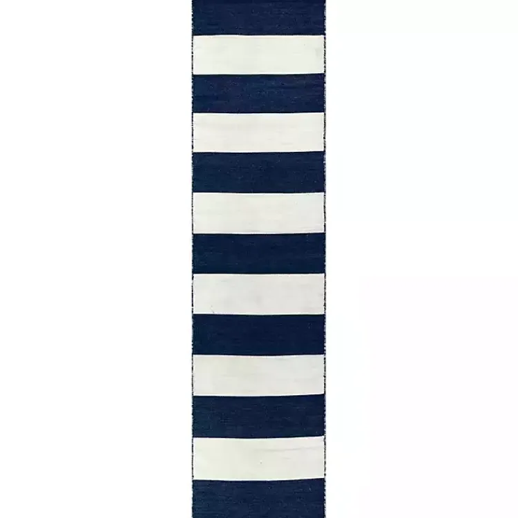 Outdoor Rugs-Kirklands Home Navy Cabana Stripe Indoor/Outdoor Runner, 2x8