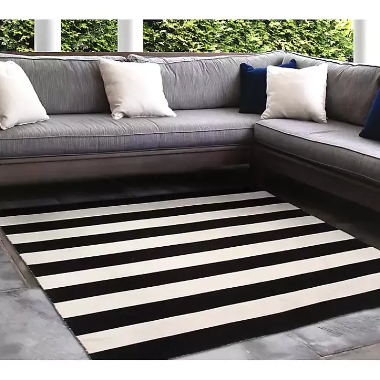Outdoor Rugs-Kirklands Home Black Cabana Stripe Indoor/Outdoor Area Rug, 8x8