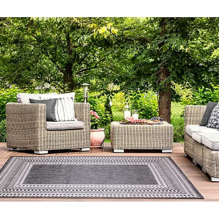 Outdoor Rugs-Kirklands Home Charcoal Linear Macy Indoor/Outdoor Area Rug, 6x9 Black