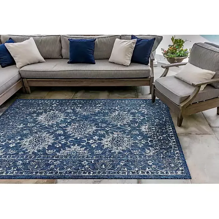 Outdoor Rugs-Kirklands Home Navy Botanical Hannah Indoor/Outdoor Rug, 7x9 Blue
