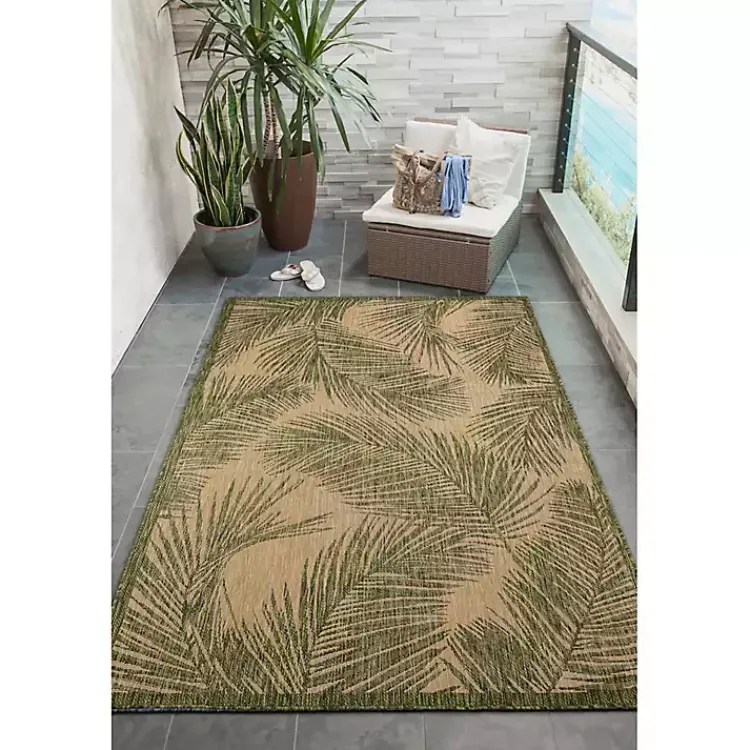 Outdoor Rugs-Kirklands Home Golden Green Palm Leaves Outdoor Area Rug, 4x7