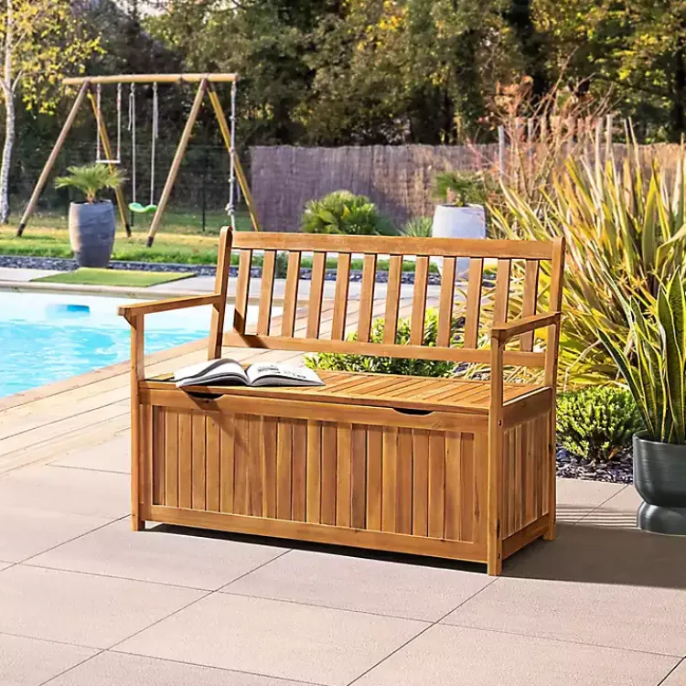 Outdoor Seating-Kirklands Home Warm Acacia Wood Slatted Outdoor Storage Bench Brown