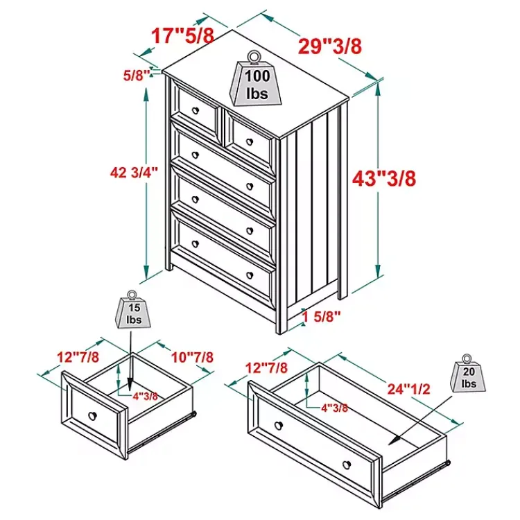 Dressers & Chests-Kirklands Home White Wood Five Framed Drawers Dresser