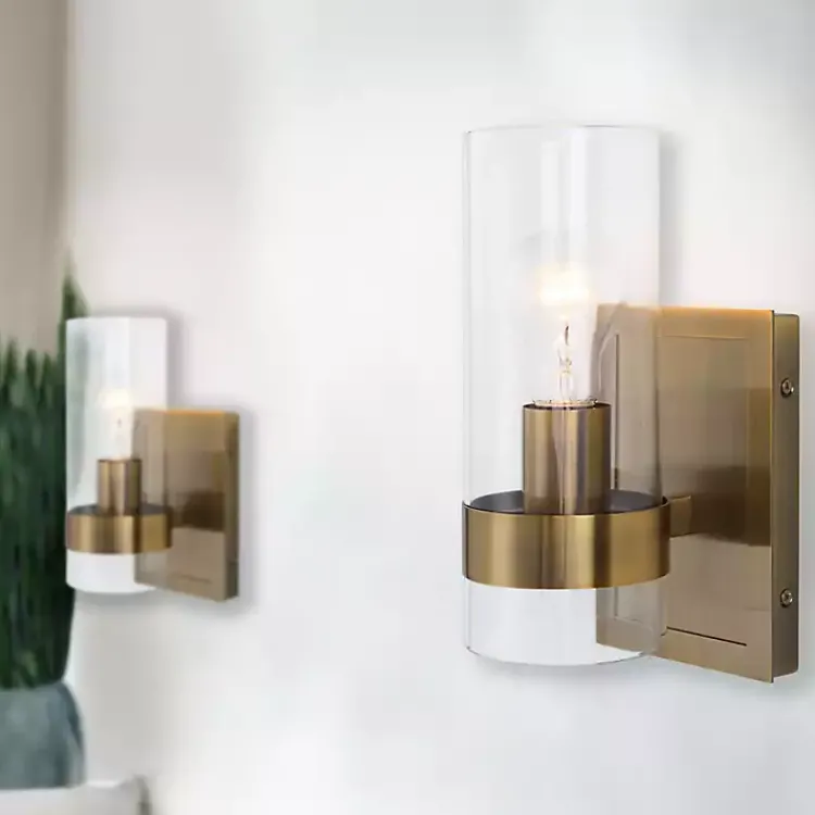 Flush Mount Lighting-Kirklands Home Gold Cylinder Glass Shade Wall Sconce