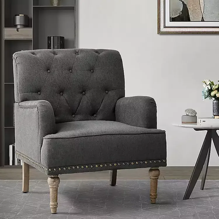 Accent Chairs-Kirklands Home Reginald Charcoal Button Tufted Armchair Gray