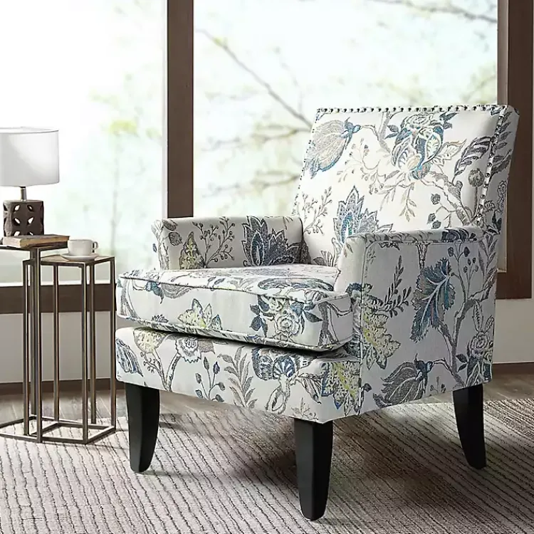 Accent Chairs-Kirklands Home Blue and Yellow Floral Upholstered Accent Chair