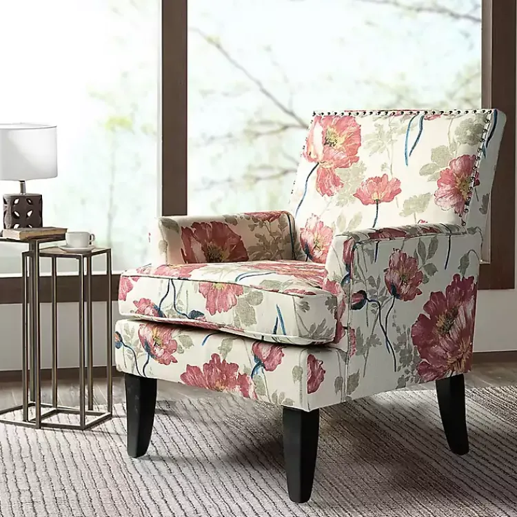 Accent Chairs-Kirklands Home Red and Ivory Floral Upholstered Accent Chair
