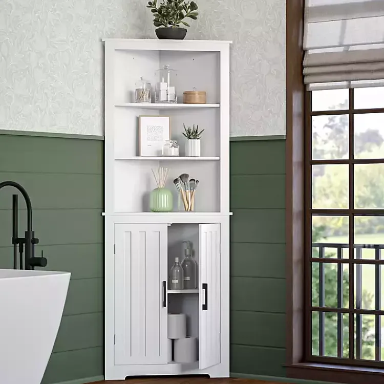 Bathroom Furniture-Kirklands Home Wood 2-Door Corner Storage Cabinet White
