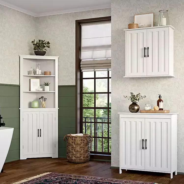 Bathroom Furniture-Kirklands Home Wood 2-Door Corner Storage Cabinet White