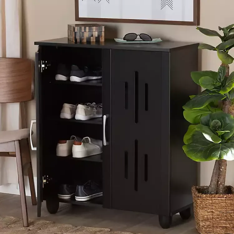 Entryway Furniture-Kirklands Home Wood Cut-Out Shoe Storage Cabinet Black