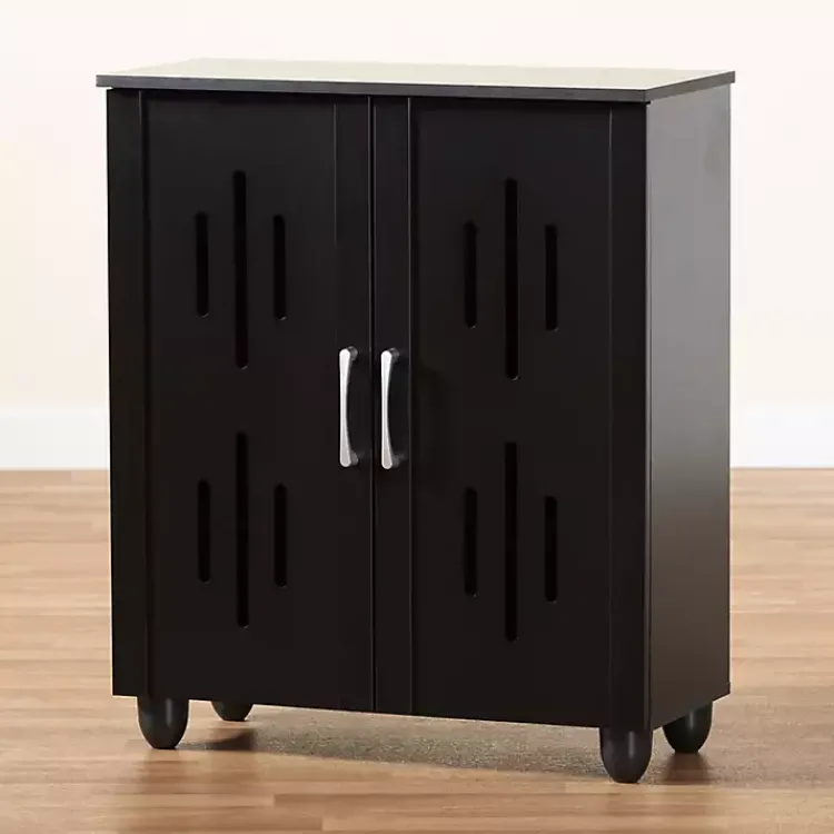 Entryway Furniture-Kirklands Home Wood Cut-Out Shoe Storage Cabinet Black