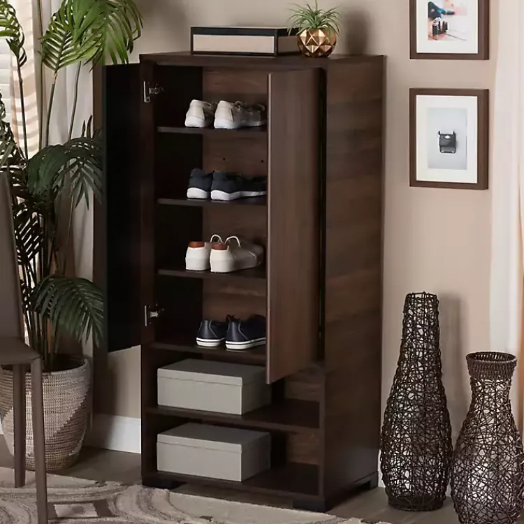 Entryway Furniture-Kirklands Home Walnut Asymmetrical Shoe Storage Cabinet Brown