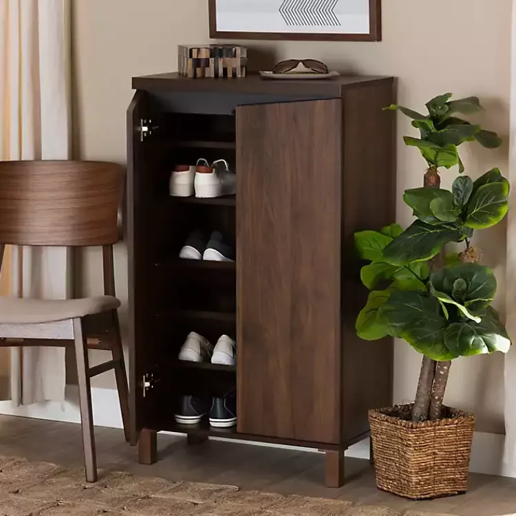 Entryway Furniture-Kirklands Home Walnut Slim Shoe Storage Cabinet Brown