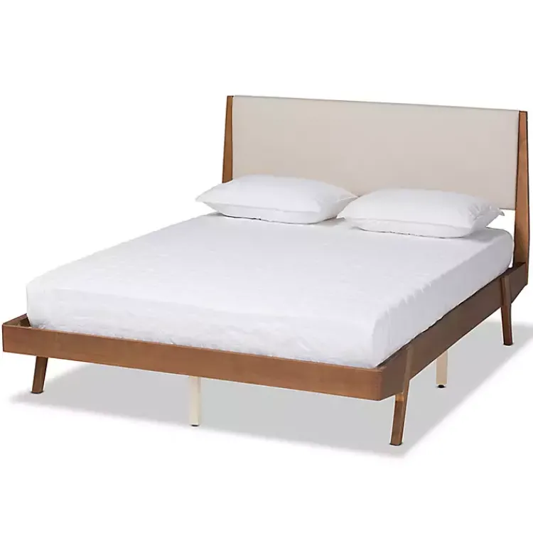 Beds & Headboards-Kirklands Home Tan Upholstered Brown Wood Queen Platform Bed