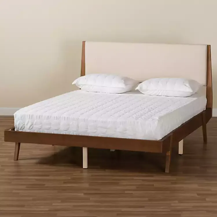 Beds & Headboards-Kirklands Home Tan Upholstered Brown Wood Queen Platform Bed