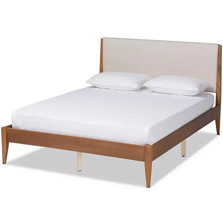 Beds & Headboards-Kirklands Home Tan Upholstered Brown Wood King Platform Bed