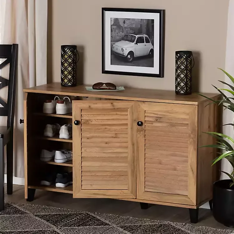 Entryway Furniture-Kirklands Home Oak 3-Door Slatted Shoe Storage Cabinet Brown