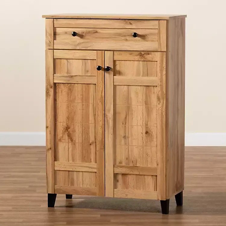 Entryway Furniture-Kirklands Home Oak 2-Door Grid Shoe Storage Cabinet Tan