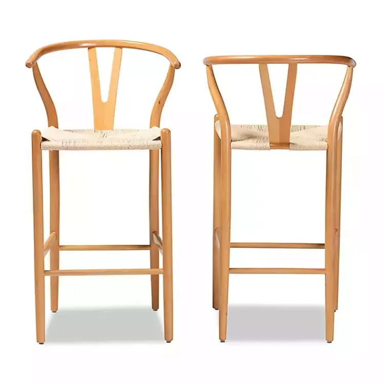 Bar Stools & Counter Height Stools-Kirklands Home Natural Wood Woven Yarn Seat Bar Stools, Set of 2 Tan