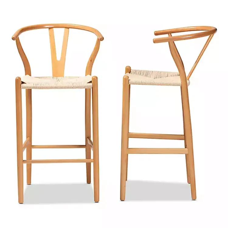 Bar Stools & Counter Height Stools-Kirklands Home Natural Wood Woven Yarn Seat Bar Stools, Set of 2 Tan