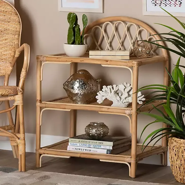 Bookshelves-Kirklands Home Natural Curled Rattan 3-Tiered Bookcase