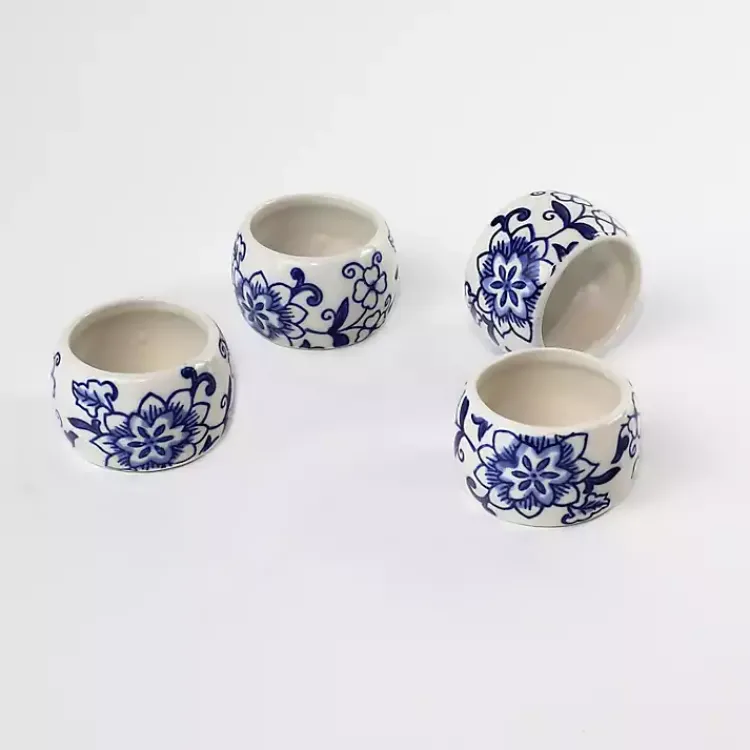 Table Linens-Kirklands Home Pip Vintage Blue Floral Napkin Rings, Set of 4