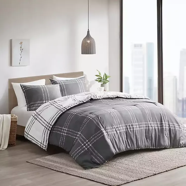 Comforters-Kirklands Home Gray Plaid Dayton 3-pc. King Comforter Set
