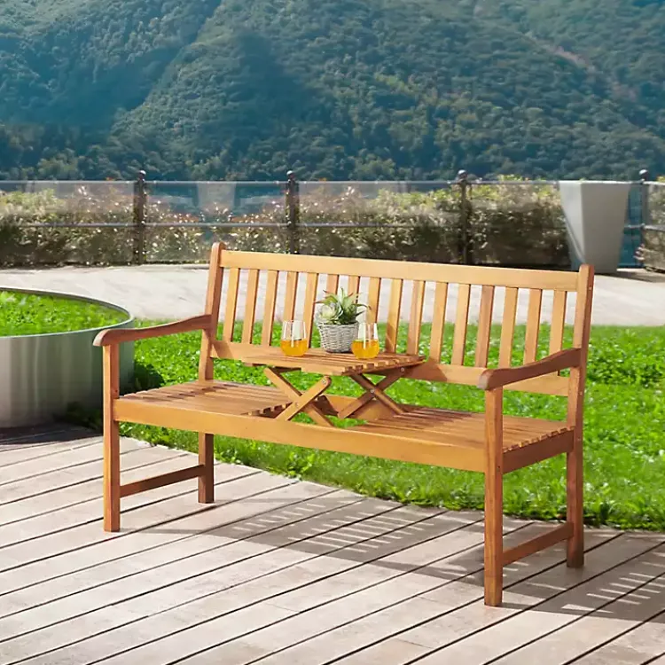Outdoor Seating-Kirklands Home Natural Acacia Wood Bench with Pop-Up Table Tan