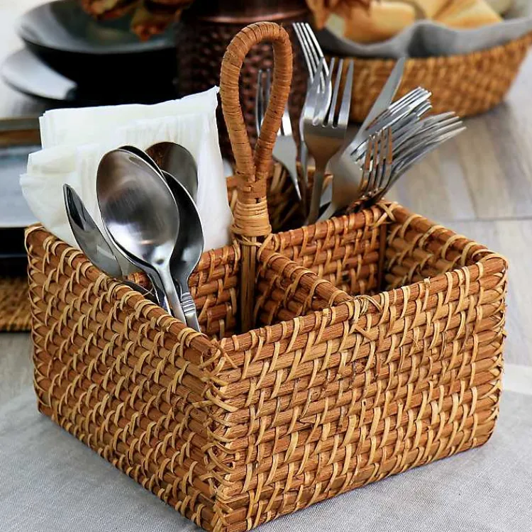 Serving & Entertaining-Kirklands Home Woven Rattan Martha Stewart Flatware Caddy Brown