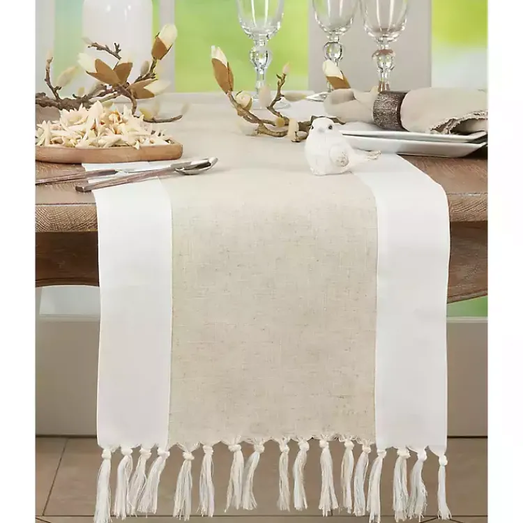 Table Linens-Kirklands Home Two Tone Tan and White Table Runner, 90 in.