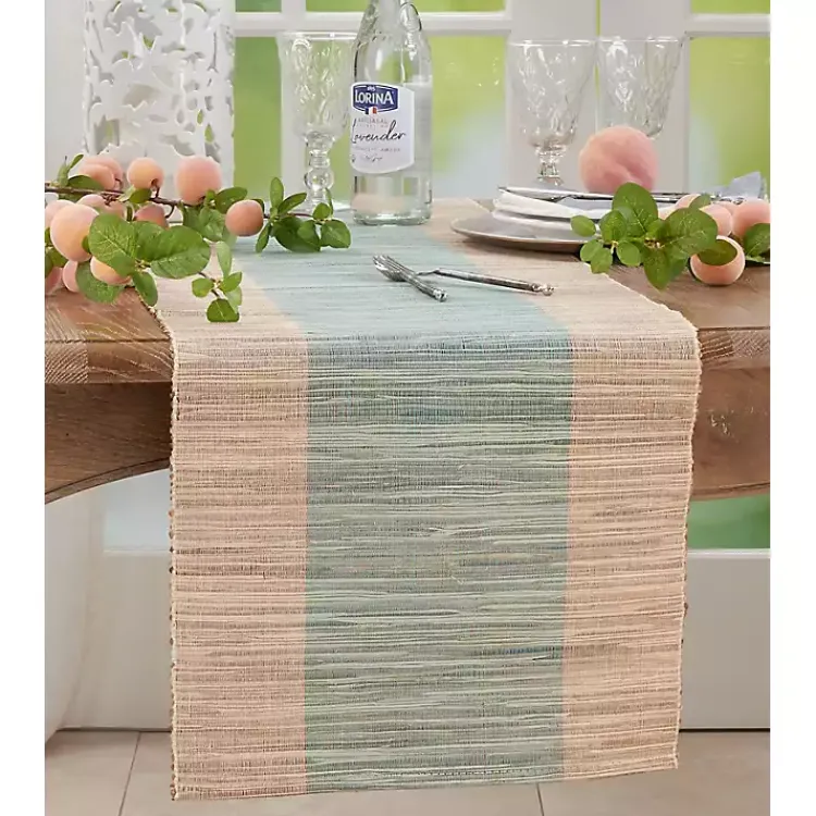 Table Linens-Kirklands Home Tan and Blue Shimmer Banded Table Runner