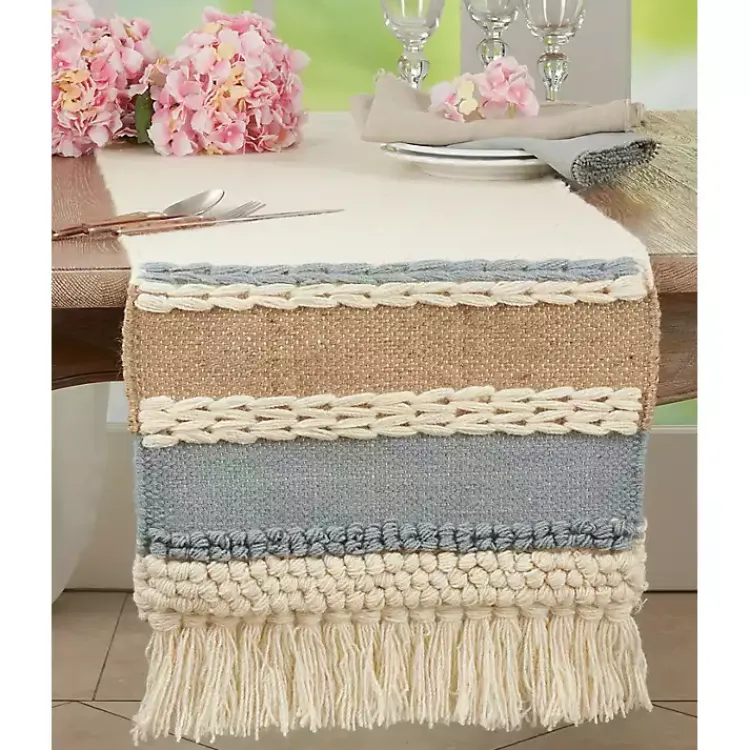 Table Linens-Kirklands Home Boho Blue and Cream Woven Wool Table Runner