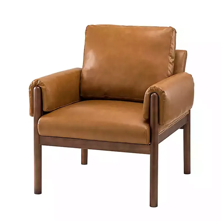 Accent Chairs-Kirklands Home Cognac Faux Leather and Wood Accent Chair Tan
