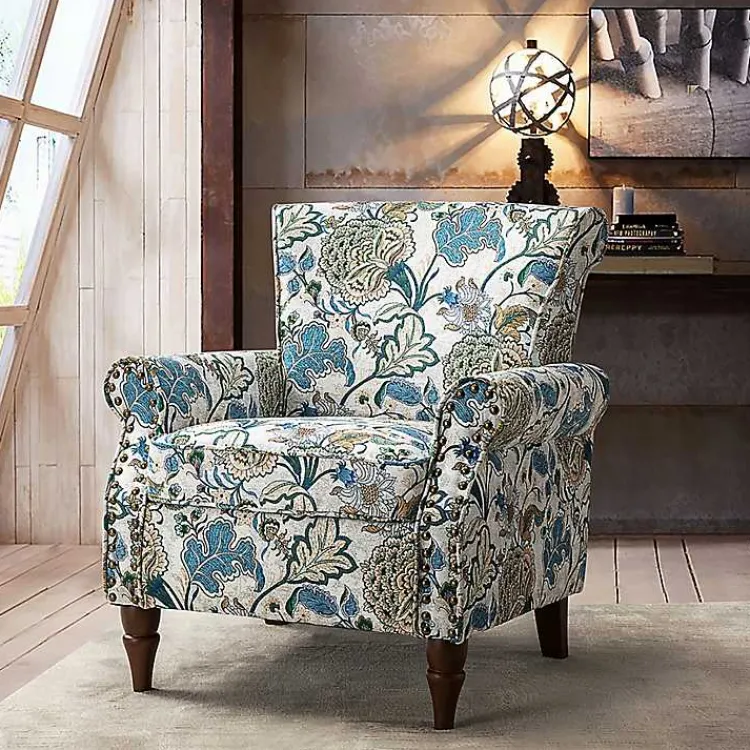 Accent Chairs-Kirklands Home Blue and Green Floral Upholstered Accent Chair