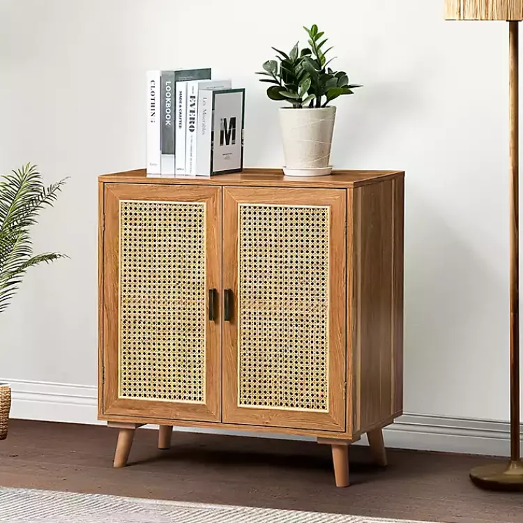 Cabinets & Sideboards-Kirklands Home Natural Wood and Rattan 2-Door Cabinet Brown