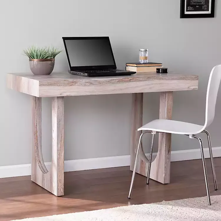 Office Furniture-Kirklands Home Cream Wood Faux Marble Desk