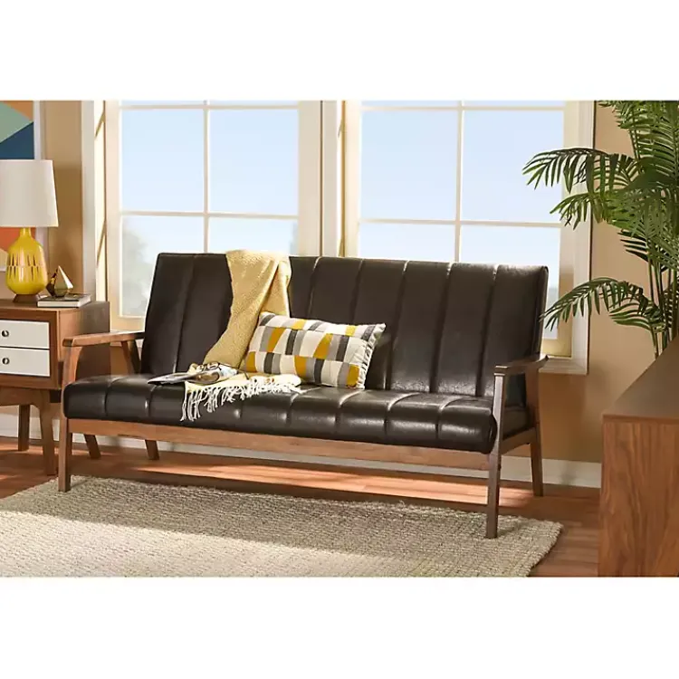 Sofas & Loveseats-Kirklands Home Dark Faux Leather Channel Sofa, 63 in. Brown
