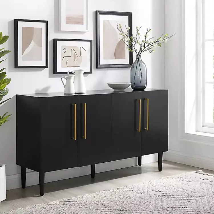 Cabinets & Sideboards-Kirklands Home Wood and Gold 4-Door Cabinet Black
