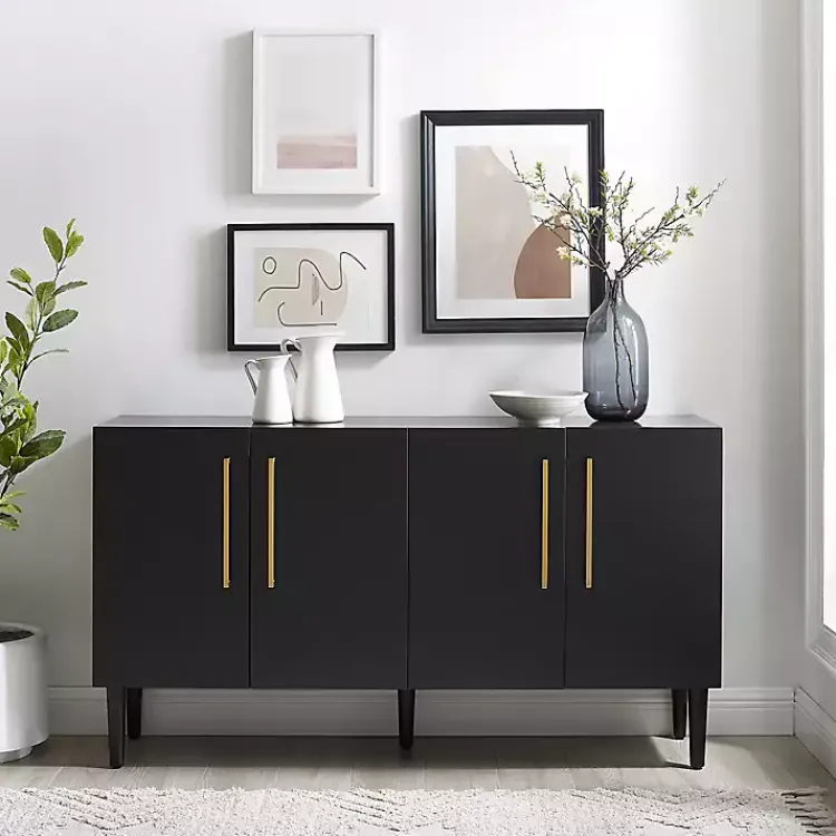 Cabinets & Sideboards-Kirklands Home Wood and Gold 4-Door Cabinet Black