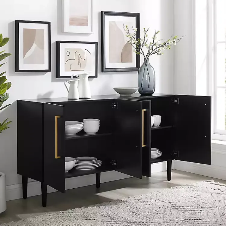 Cabinets & Sideboards-Kirklands Home Wood and Gold 4-Door Cabinet Black