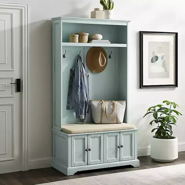 Entryway Furniture-Kirklands Home Wood Hall Tree with Cushioned Bench Blue
