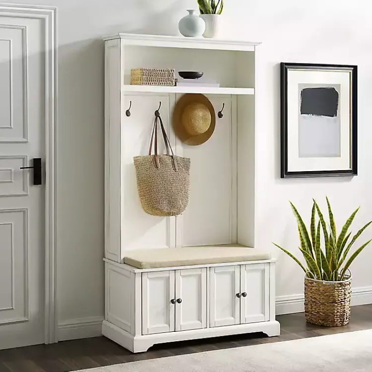 Entryway Furniture-Kirklands Home Wood Hall Tree with Cushioned Bench White